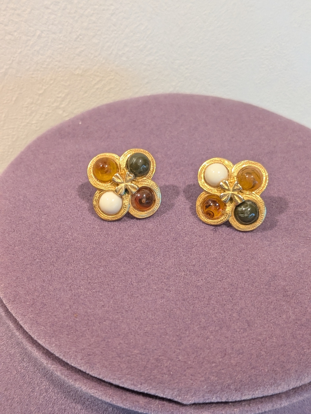 Vintage Maltese Cross Gemstone Stud Earrings Goldtone